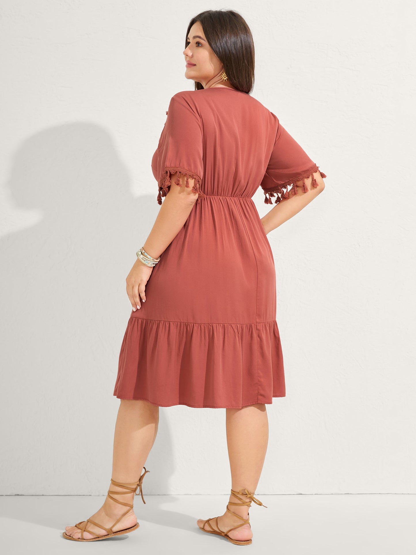 Rayon Stretchy Waist Pockets Midi Dress
