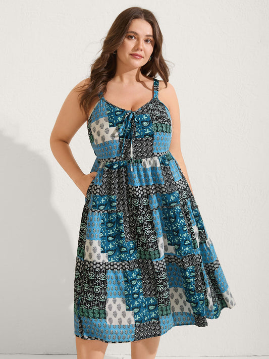 Boho Floral Collage Stretchy Waist Midi Dress