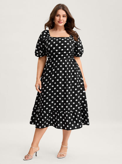 Polka Dots Pleated Bodice Midi Dress