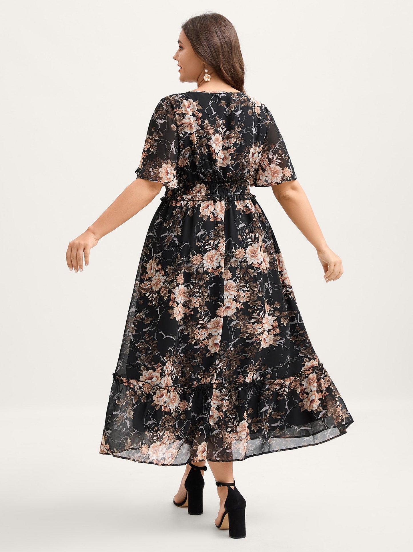 Chiffon Floral Print Tiered Slit Midi Dress
