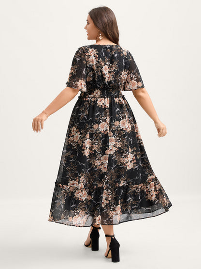 Chiffon Floral Print Tiered Slit Midi Dress