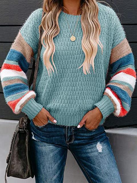 Striped Pattern Sleeve Crew Neck Pullover Sweater