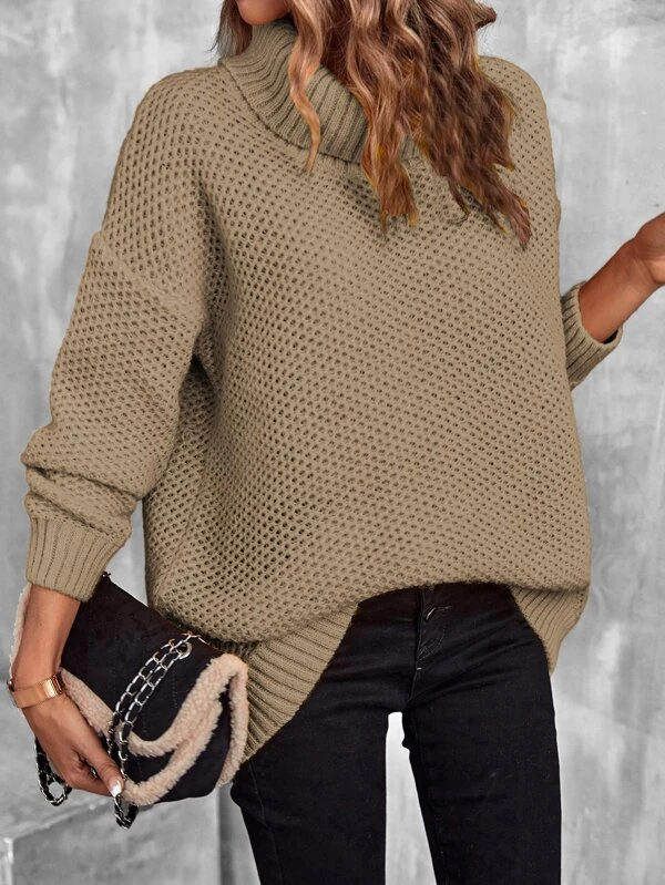 Turtleneck Drop Shoulder Pointelle Knit Sweater