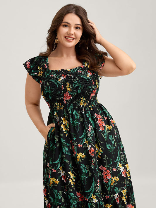Botanical Print Shirred Bodice Midi Dress