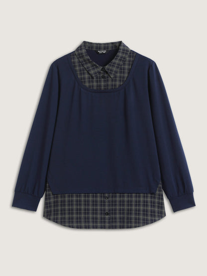 2-in-1 A-line Plaid Sweater Shirt Top