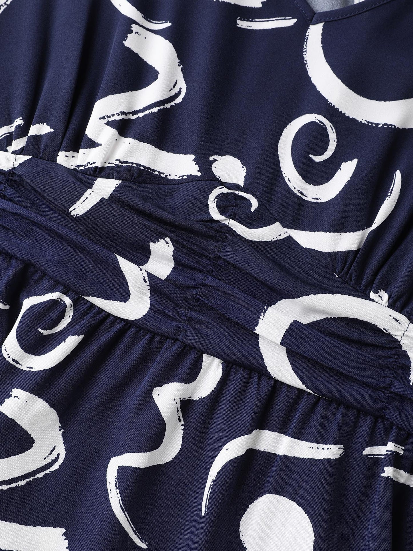Scribble Print Pleated Cinched Waist Midi Dress