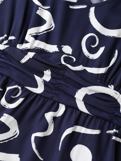 Scribble Print Pleated Cinched Waist Midi Dress