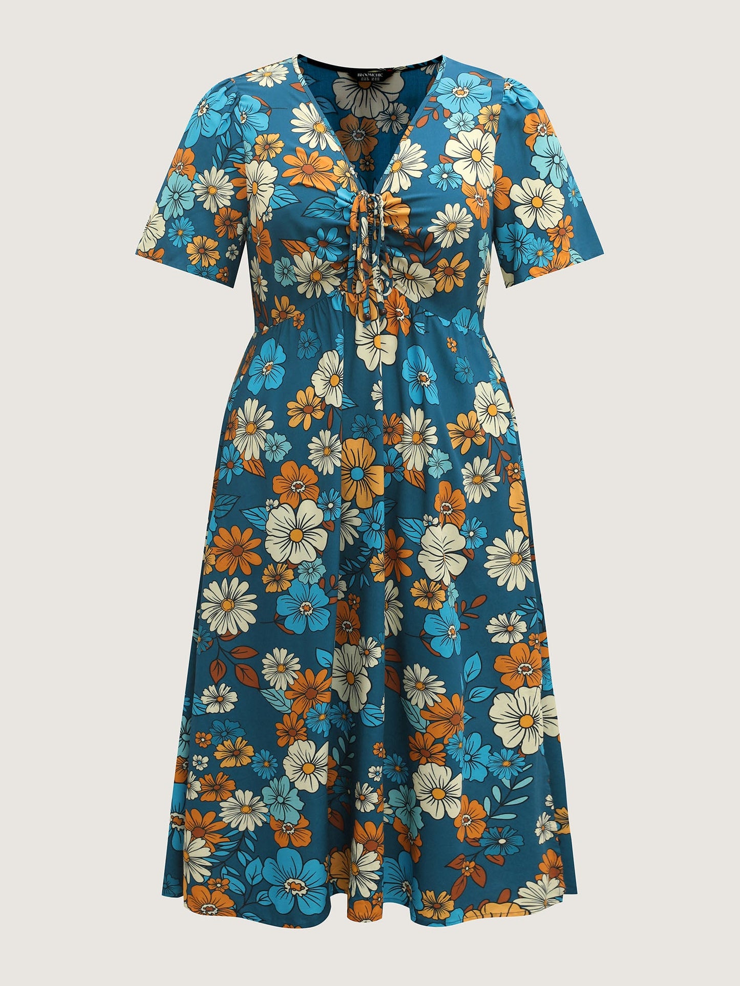 Floral Drawstring Bodice Side Slit Midi Dress