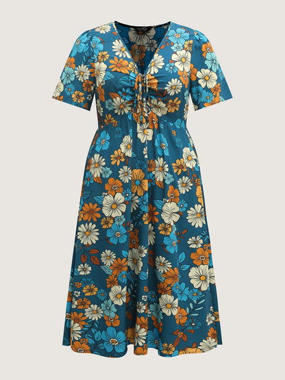 Floral Drawstring Bodice Side Slit Midi Dress