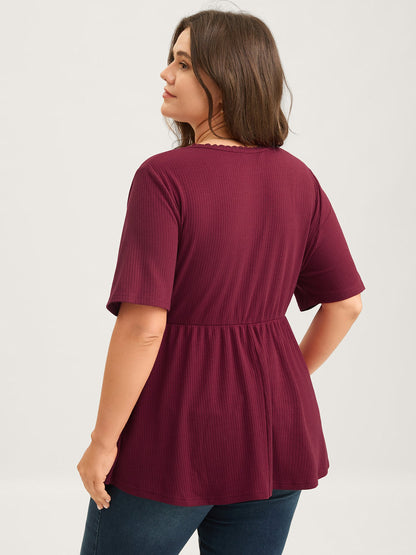 Ribbed Lace Surplice Flared Solid Blouse