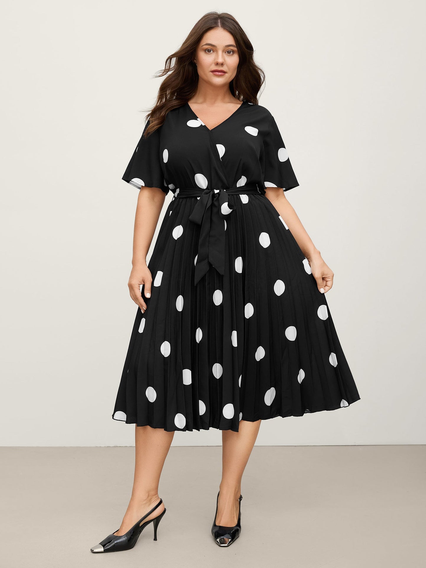 Polka Dots Stretchy Waist Pockets Midi Dress