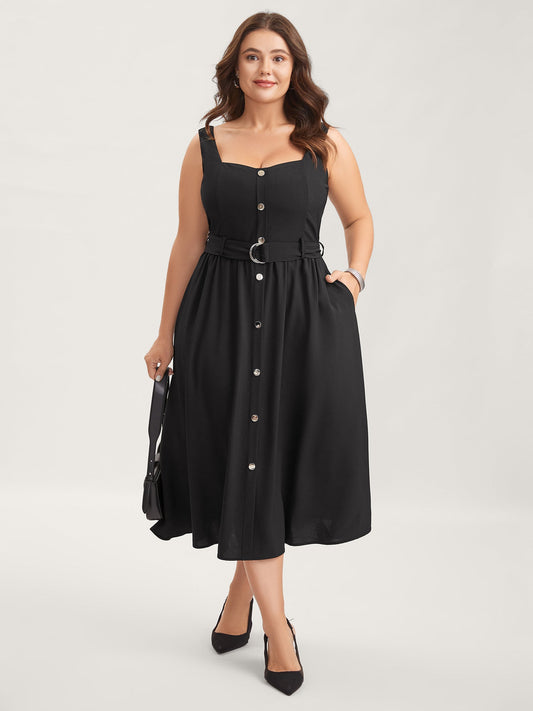 Metal Buckle Button Front Midi Dress