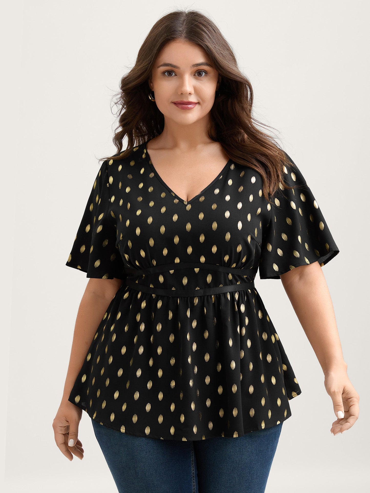 Shimmery Sequin Polka Dots Waist-Cinched Blouse