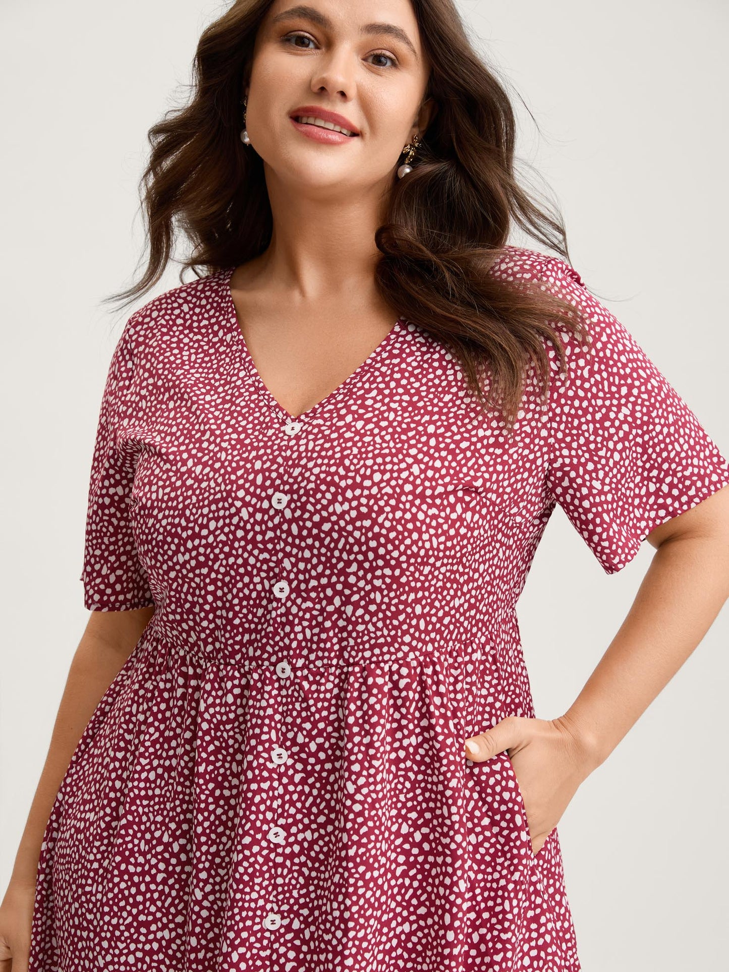 Polka Dots Button Front Midi Dress