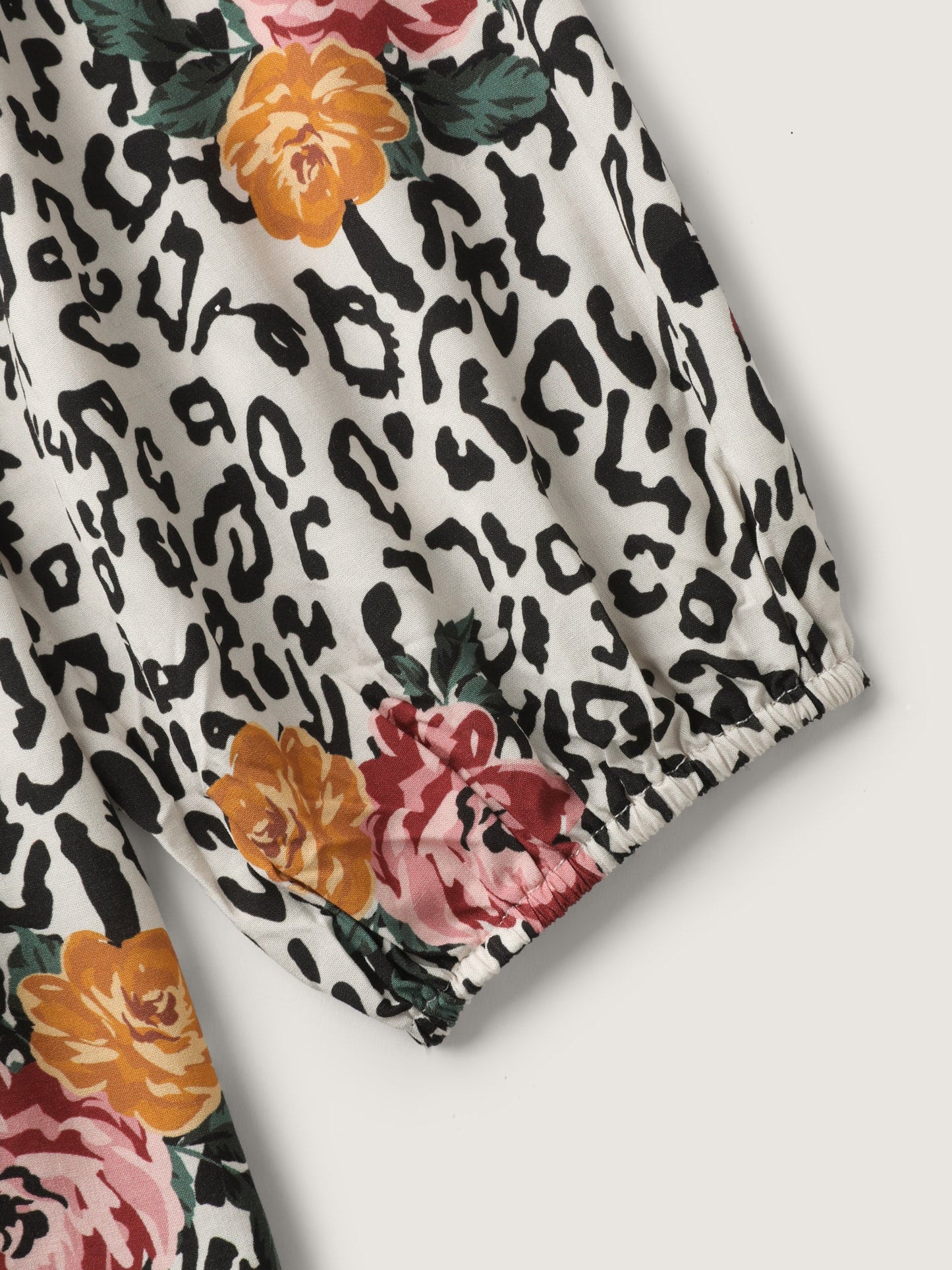 Leopard Floral Print Shirred Blouse