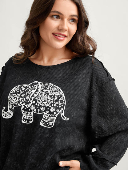 Vintage Elephant Motif Waffle Woven Sweatshirt