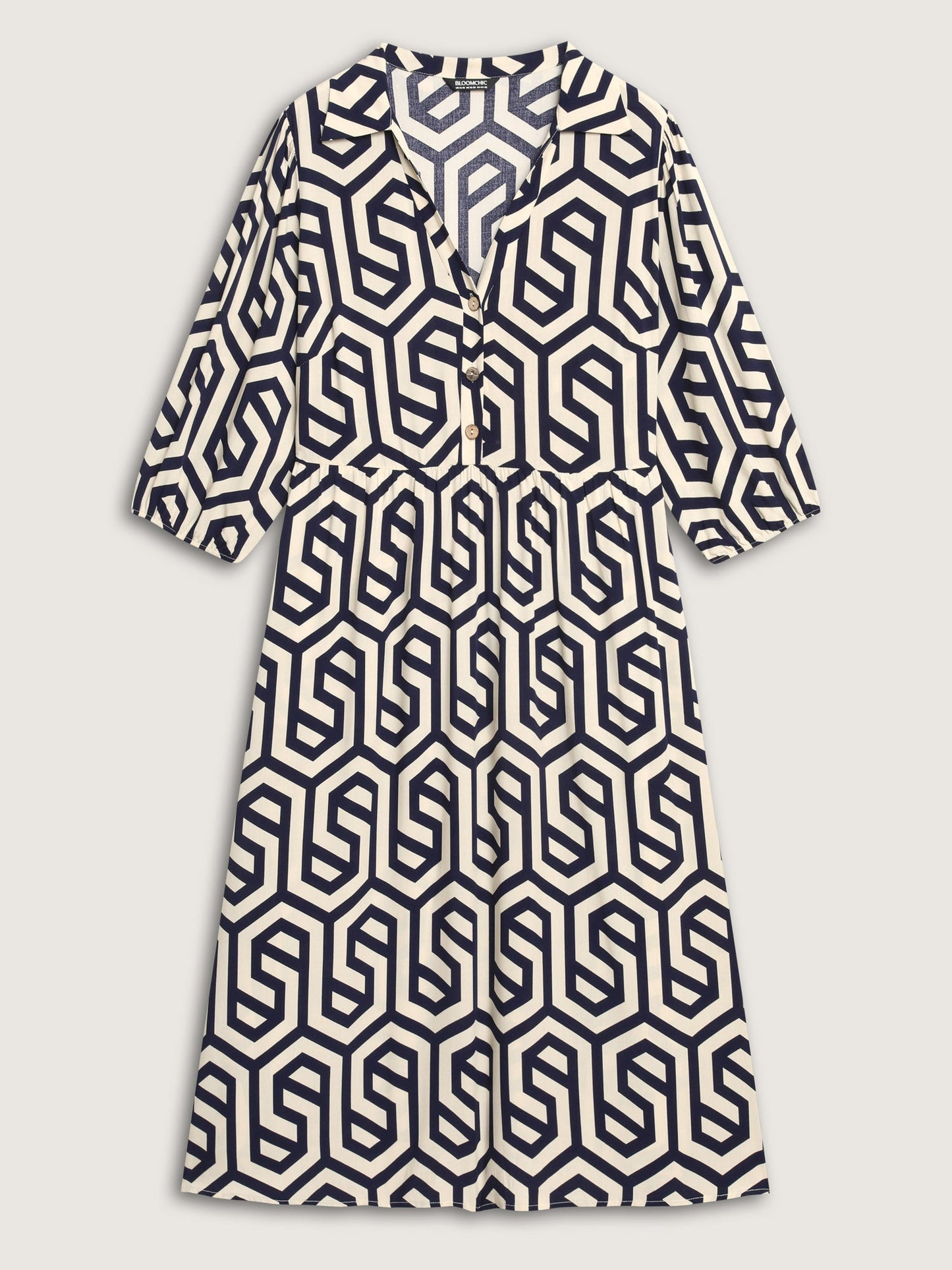 Rayon Geometric Pattern Button Midi Dress