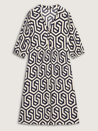 Rayon Geometric Pattern Button Midi Dress
