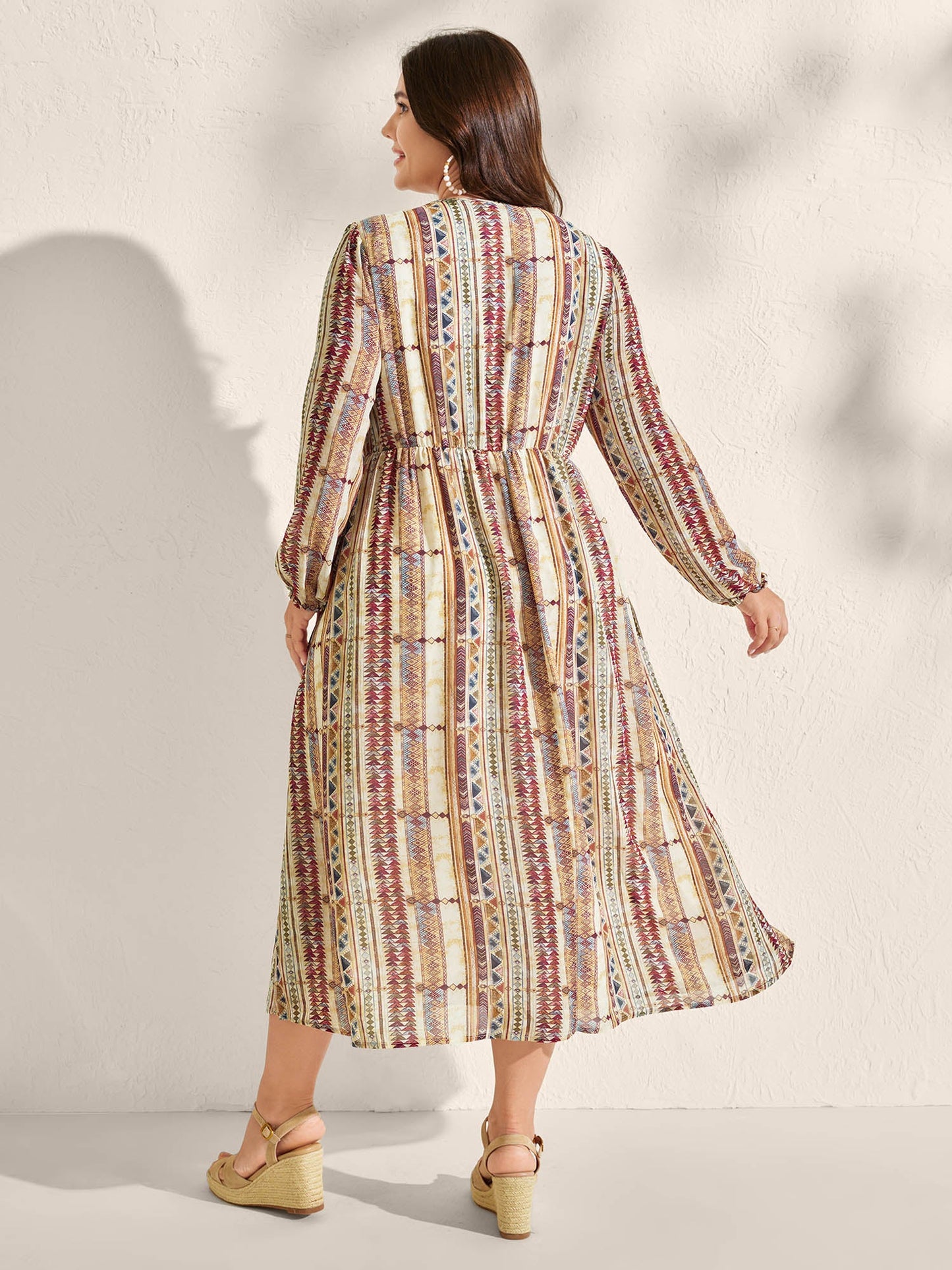 Geometric Stripes Stretchy Waist-Tie Maxi Dress