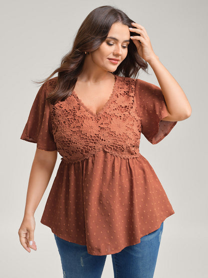 Lace Textured Cinched-Flared Waist Blouse