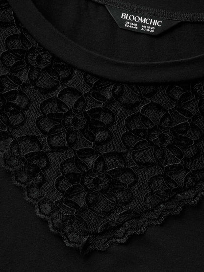 Lace Neck Flowy Sleeve Solid T-Shirt