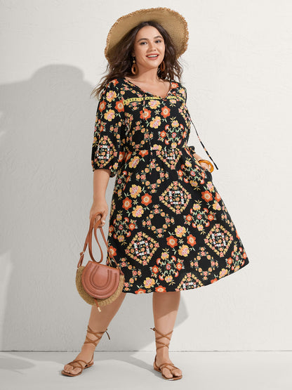 Boho Print Waist Stretchy Midi Dress