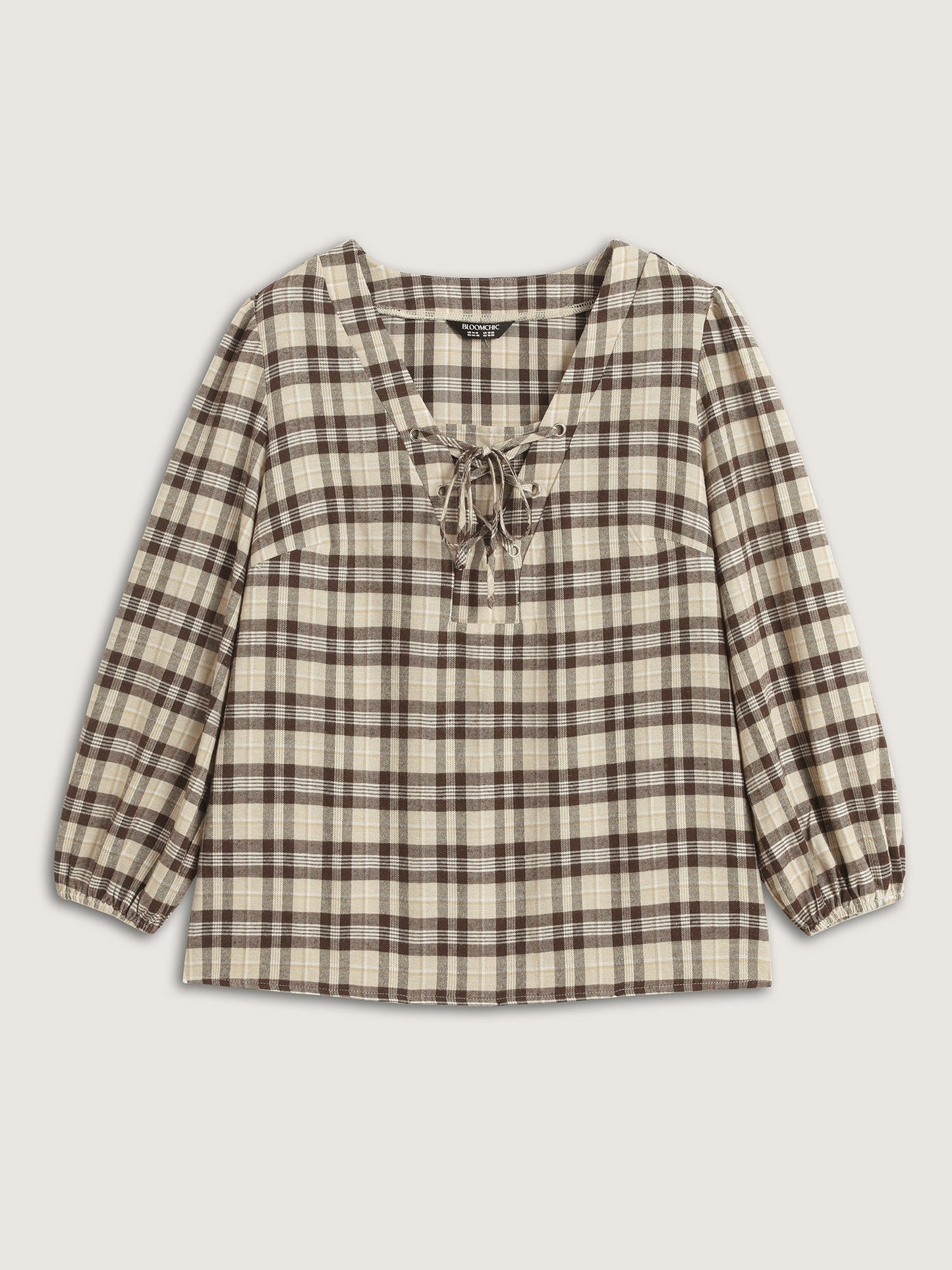 Plaid Print Neck Tie-Up Blouse