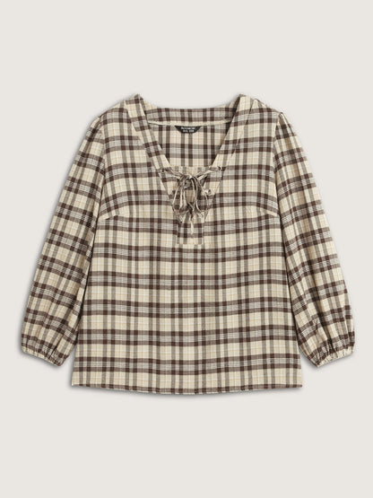 Plaid Print Neck Tie-Up Blouse