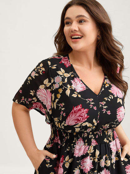 Sweet Floral Shirred Waist Cinched Midi Dress