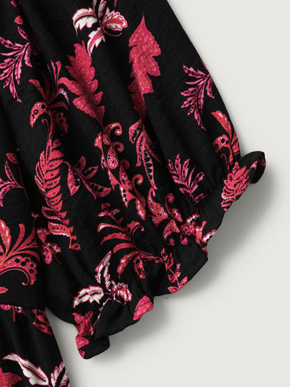 Boho Print Neck Tie Flowy Shirt