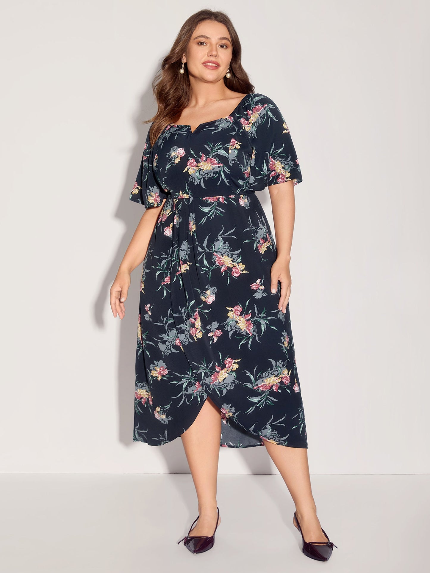 Notched Collar Floral Print Overlap Midi Dress