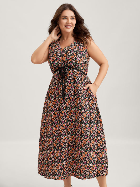 Floral Waist Tie Side Pockets Midi Dress