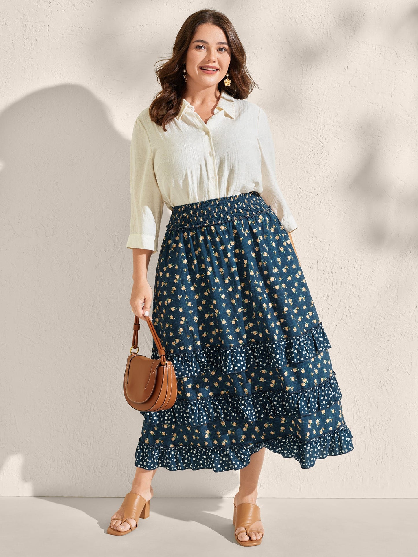 Floral Print Tiered Shirred Waist Midi Skirt