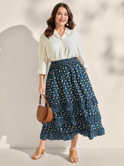 Floral Print Tiered Shirred Waist Midi Skirt