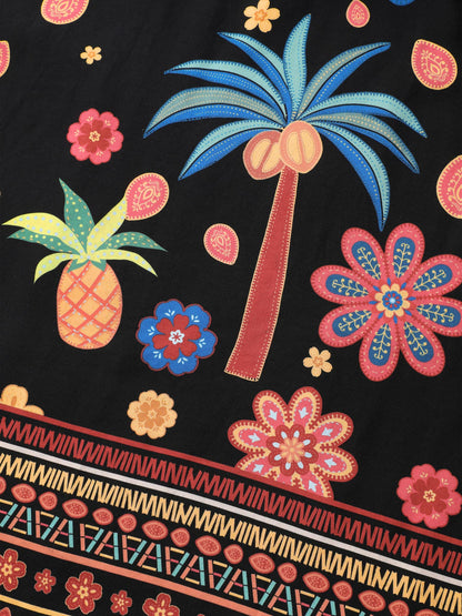 Rayon Tropical Floral Shirred Waist Midi Dress