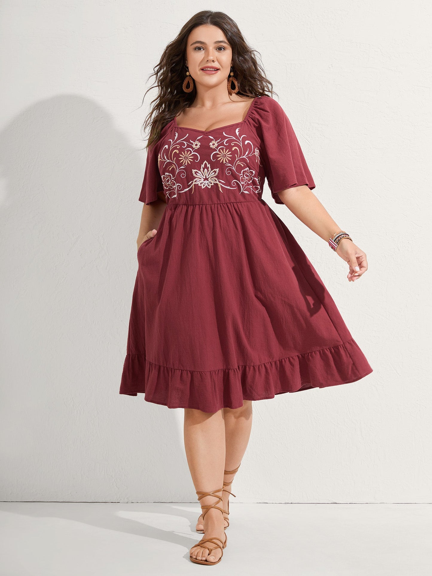 Pure Cotton Floral Embroidered Midi Dress