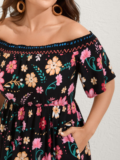 Rayon Floral Shirred Off-Shoulder Midi Dress