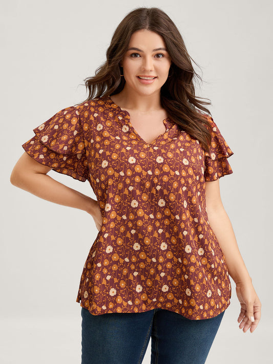 Floral Printed Layered Ruffled Sleeve Blouse