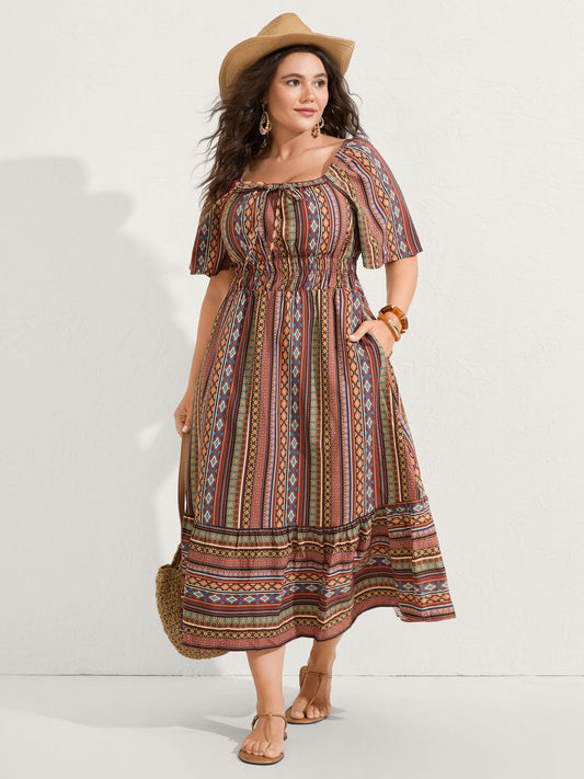 Striped Cinched-Waist Midi Dress
