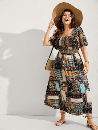 Paisley Floral Collage Shirred Pockets Midi Dress