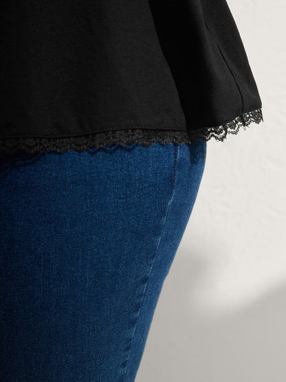 Lace Neck Flowy Sleeve Solid T-Shirt