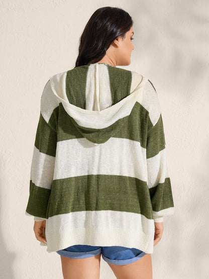 Textured Color Stripes Hooded Knit Cardigan