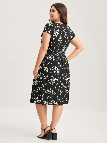Rayon Monochrome Butterfly Stretchy Midi Dress