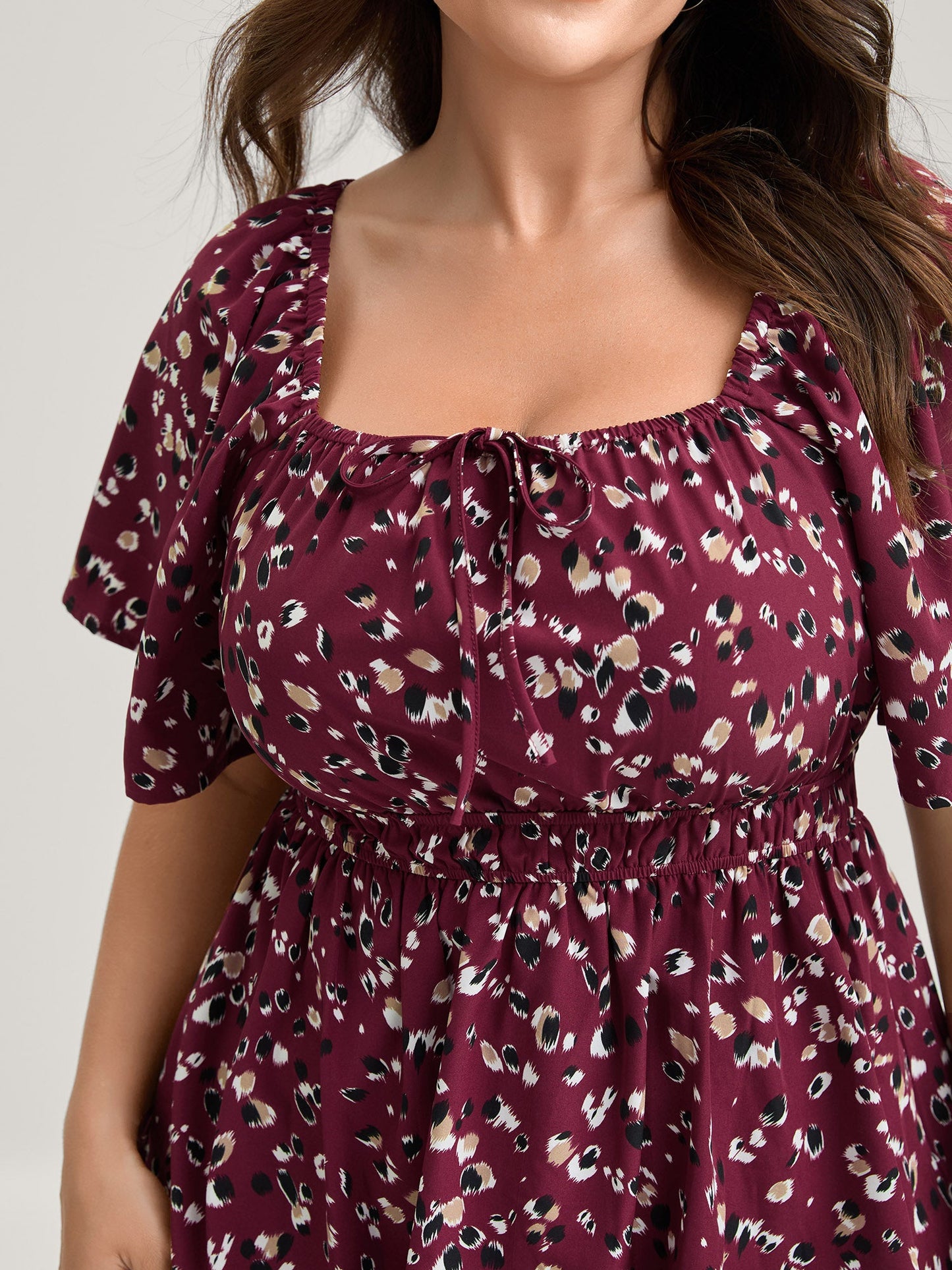 Leopard Brushed Print Neck Drawstring Blouse