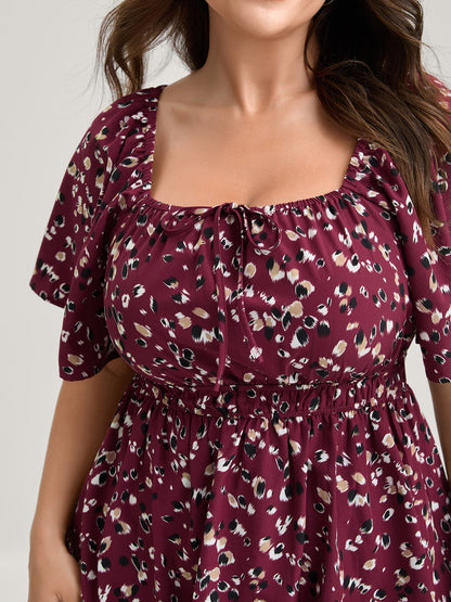 Leopard Brushed Print Neck Drawstring Blouse