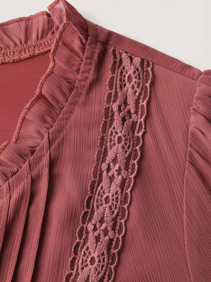 Pintuck Pleats Lace Trim Waist-Tie Maxi Dress