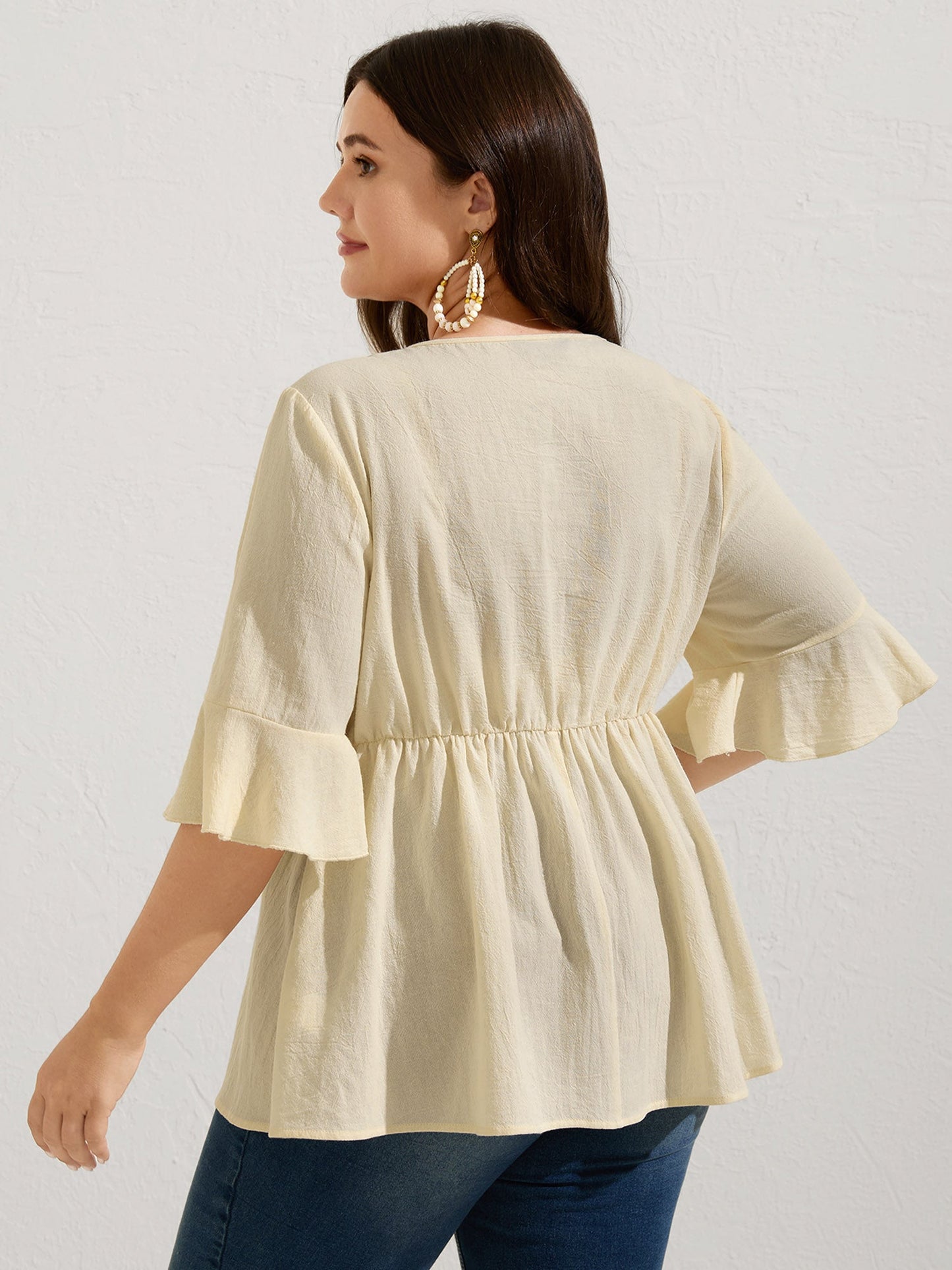 Cotton Tassel Neckline Ruffled Sleeve Solid Top