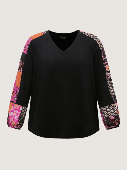 Floral Patchwork Sleeve Solid Sweatshirt