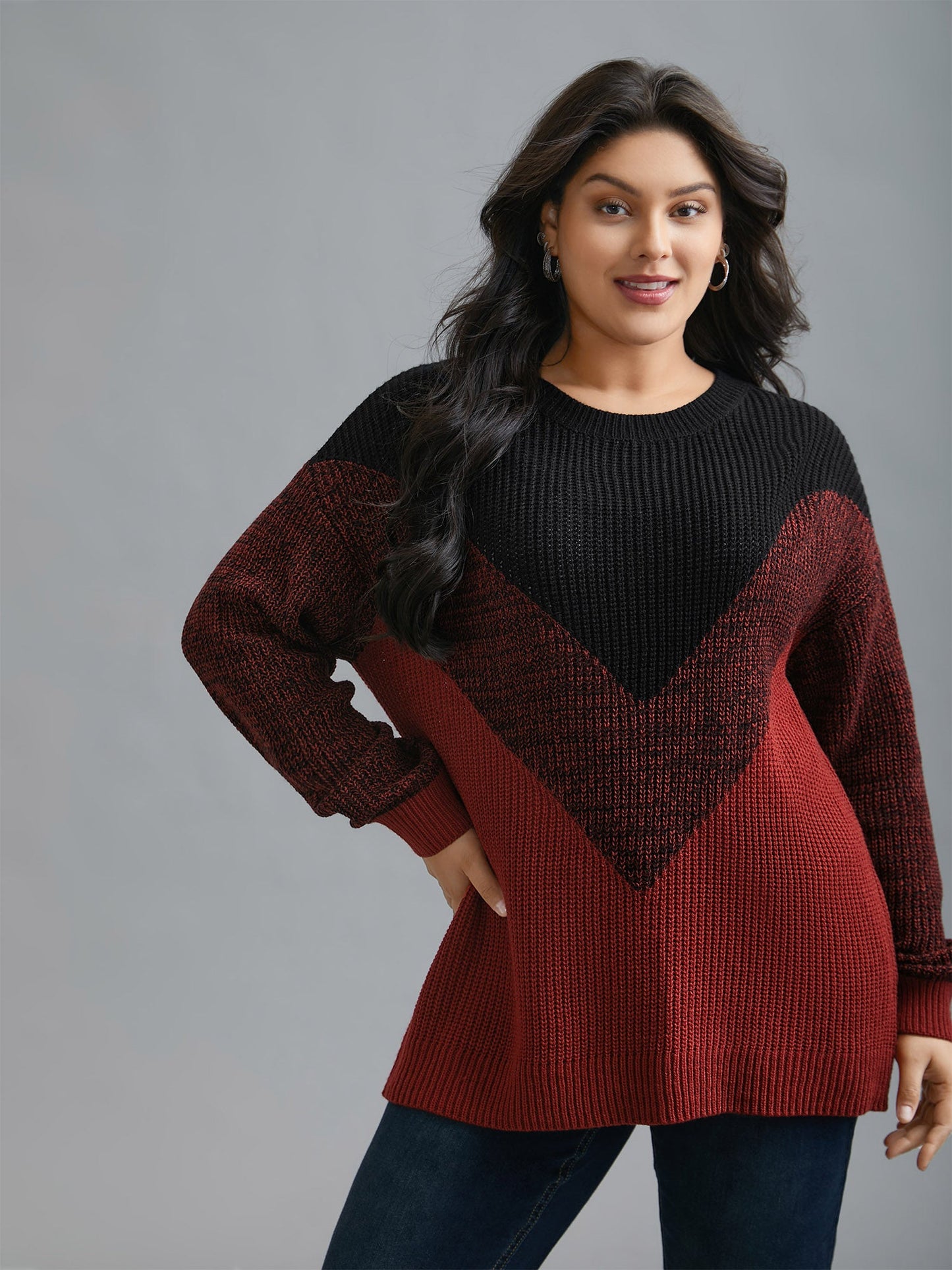 Textured Balloon Sleeves Color Block Pullover