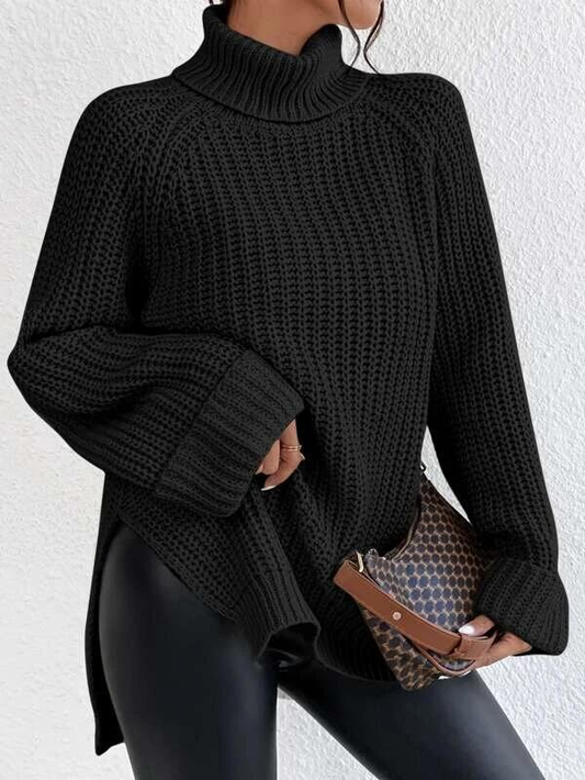 Turtleneck Raglan Sleeve Split Hem Sweater
